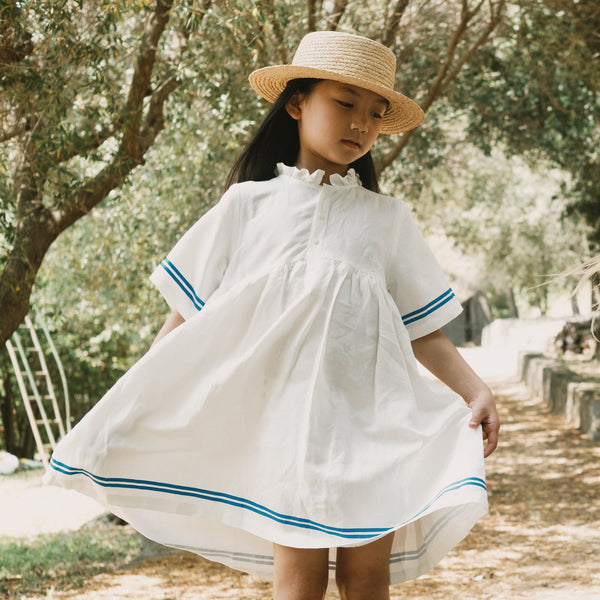 Stripes Frilled Cotton Dress (Off-White)