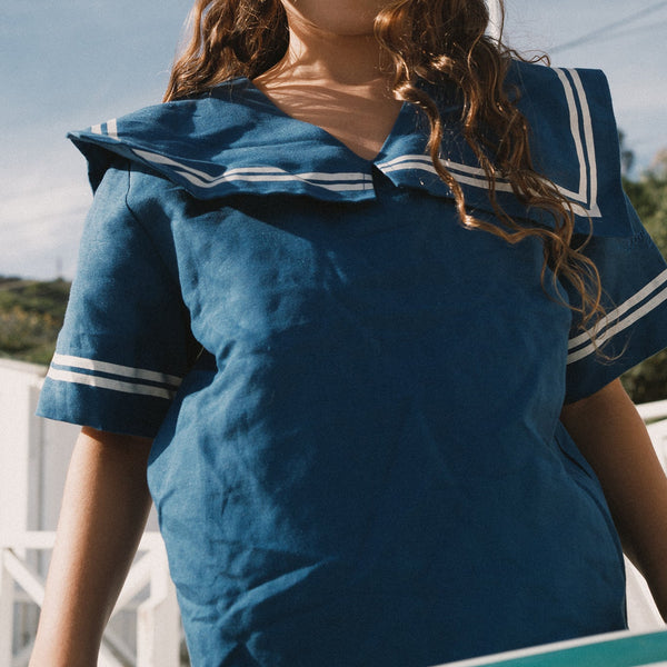 Stripes Sailor Collared Cotton Dress (Light Navy)