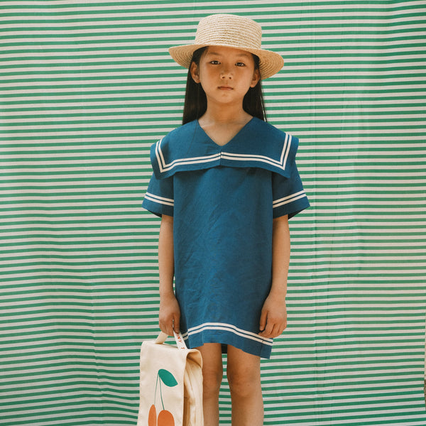 Stripes Sailor Collared Cotton Dress (Light Navy)