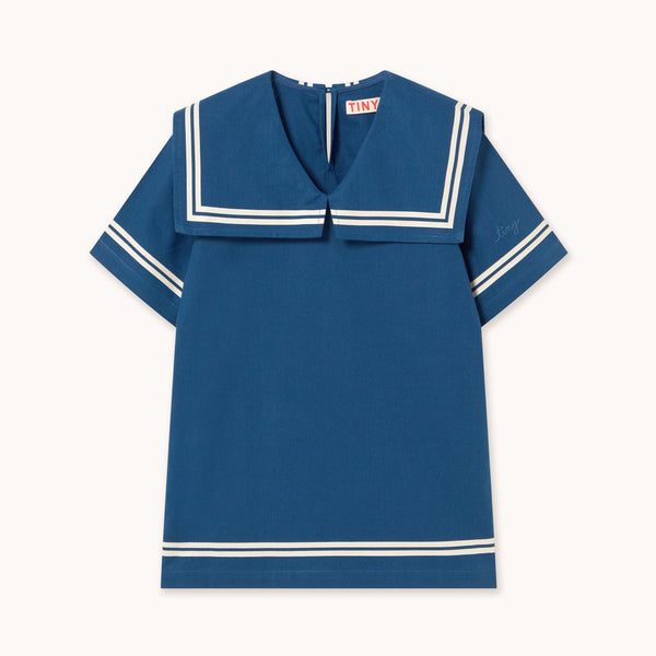 Stripes Sailor Collared Cotton Dress (Light Navy)