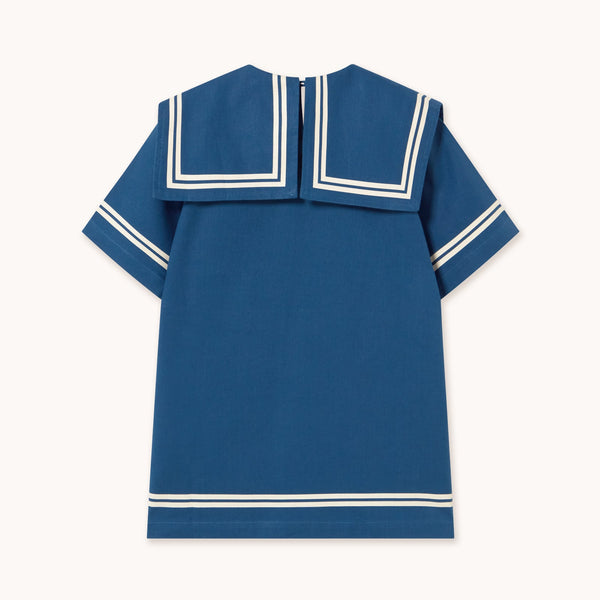Stripes Sailor Collared Cotton Dress (Light Navy)
