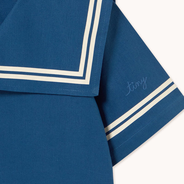 Stripes Sailor Collared Cotton Dress (Light Navy)
