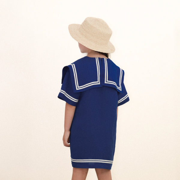 Stripes Sailor Collared Cotton Dress (Light Navy)