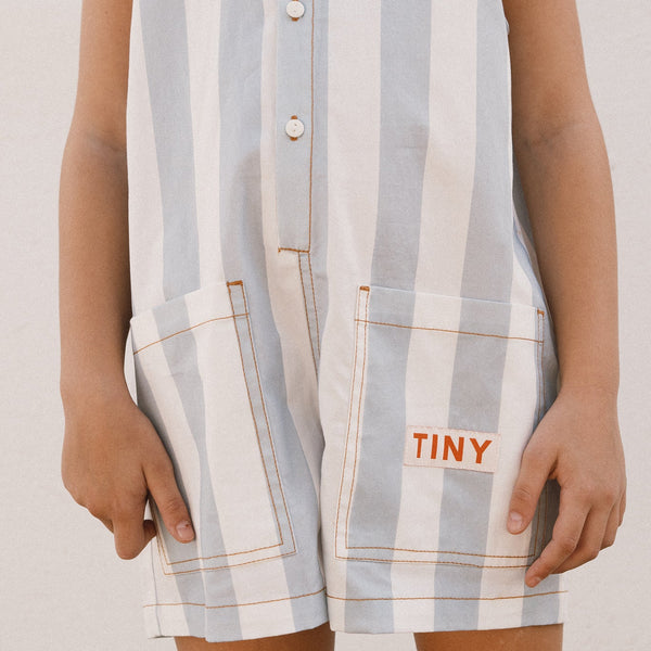 Stripes Sleeveless Cotton Twill Shorts One Piece (Washed Blue)
