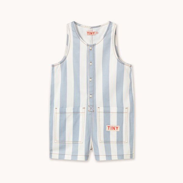 Stripes Sleeveless Cotton Twill Shorts One Piece (Washed Blue)