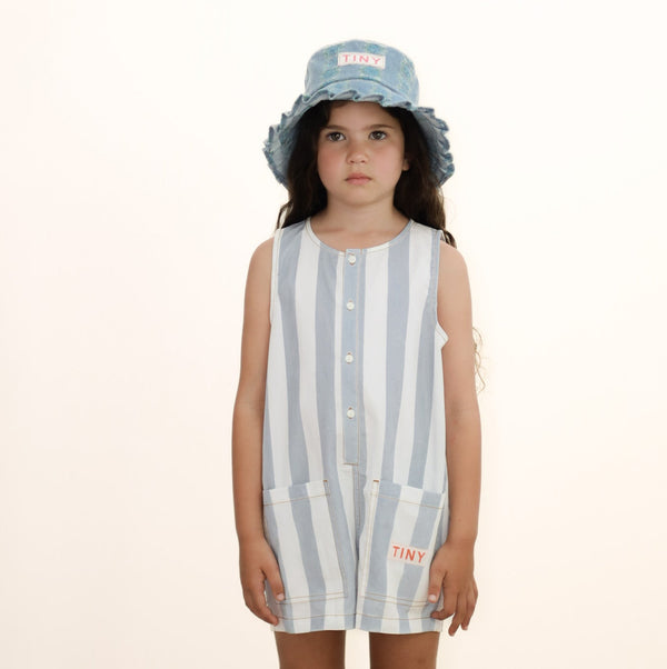 Stripes Sleeveless Cotton Twill Shorts One Piece (Washed Blue)