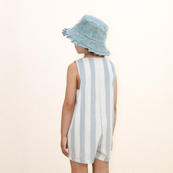 Stripes Sleeveless Cotton Twill Shorts One Piece (Washed Blue)