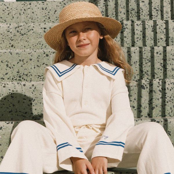 Sailor Collar Striped Cotton Cardigan (Off-White)