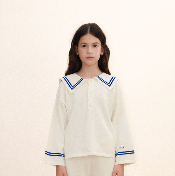 Sailor Collar Striped Cotton Cardigan (Off-White)