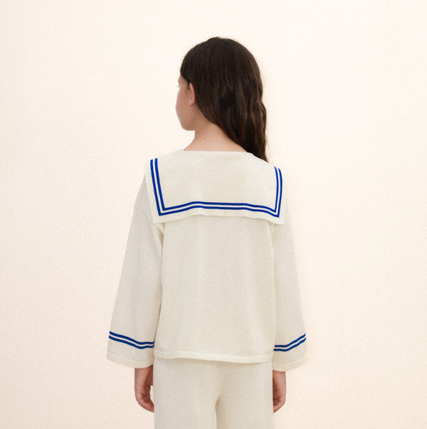 Sailor Collar Striped Cotton Cardigan (Off-White)