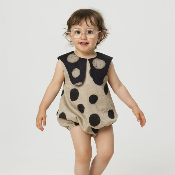 Luna Polka Dot Collared Cotton Baby Romper (Mocha)