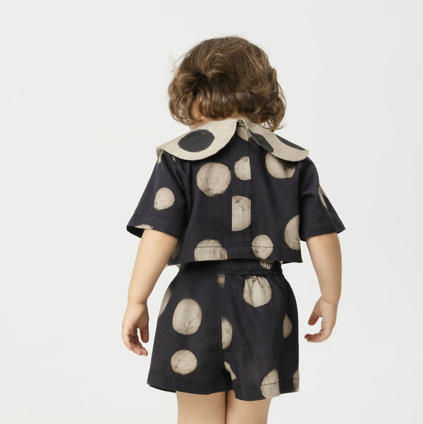 Leonilde Polka Dot Collared Cotton Cropped Shirt (Black)