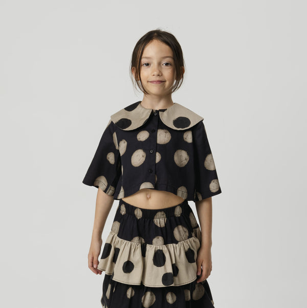 Leonilde Polka Dot Collared Cotton Cropped Shirt (Black)