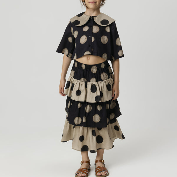 Deolinda Polka Dot Cotton Ruffle Maxi Skirt (Black)