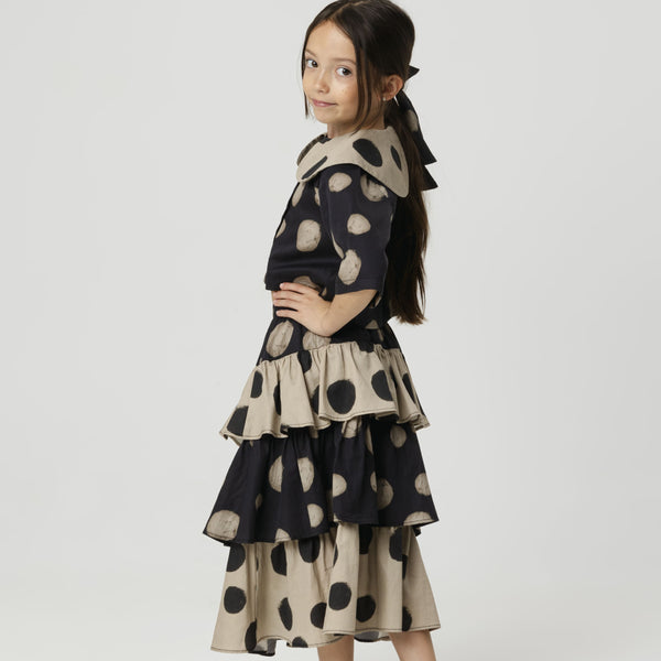 Deolinda Polka Dot Cotton Ruffle Maxi Skirt (Black)