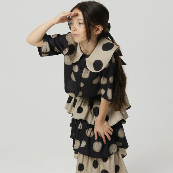 Leonilde Polka Dot Collared Cotton Cropped Shirt (Black)