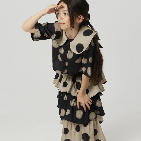 Deolinda Polka Dot Cotton Ruffle Maxi Skirt (Black)