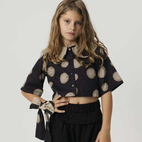 Leonilde Polka Dot Collared Cotton Cropped Shirt (Black)