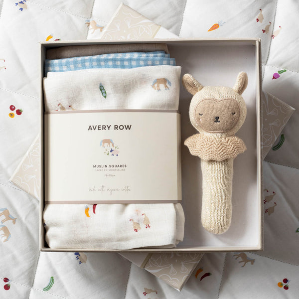 Rattle & Organic Cotton Muslin New Baby Gift Set (Little Farm)