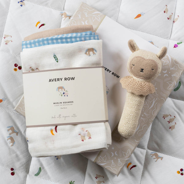 Rattle & Organic Cotton Muslin New Baby Gift Set (Little Farm)