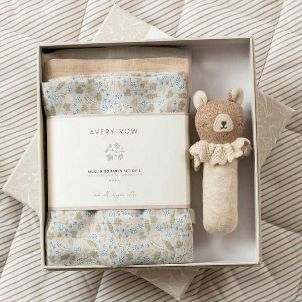 Rattle & Organic Cotton Muslin New Baby Gift Set (Nature Trail)