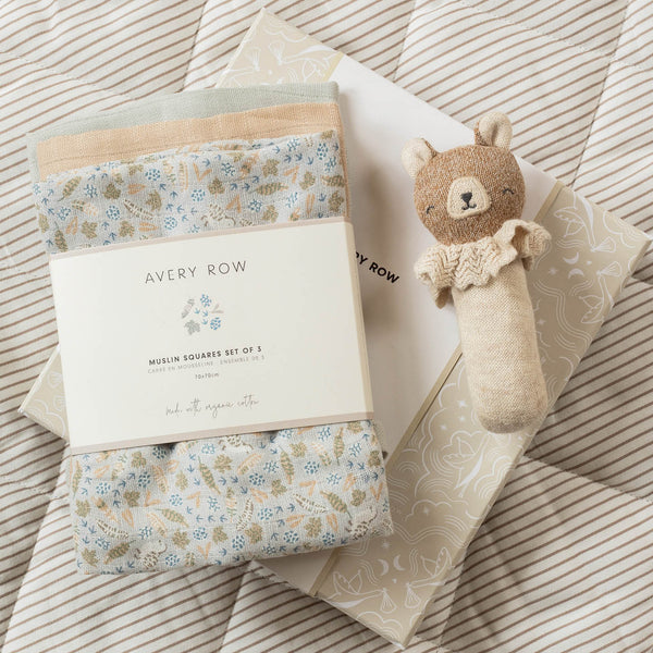 Rattle & Organic Cotton Muslin New Baby Gift Set (Nature Trail)