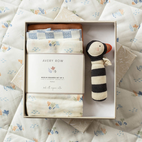 Rattle & Organic Cotton Muslin New Baby Gift Set (Coastline)