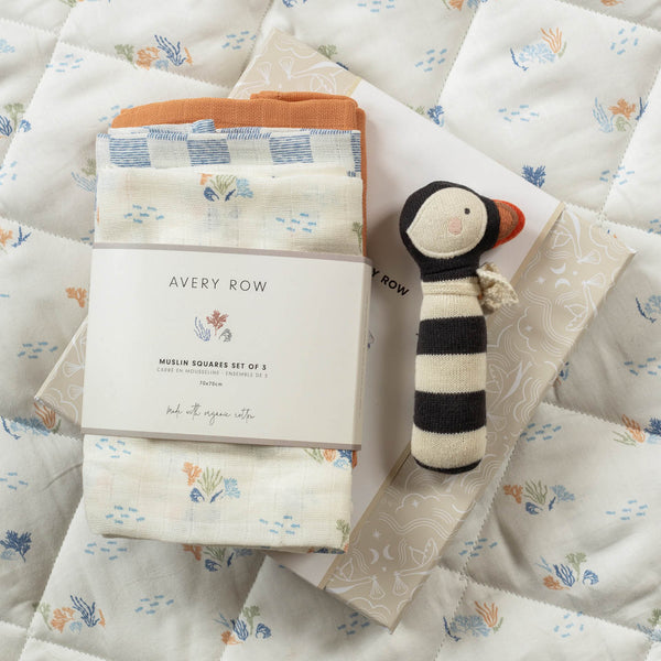 Rattle & Organic Cotton Muslin New Baby Gift Set (Coastline)