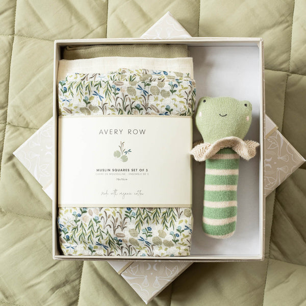 Rattle & Organic Cotton Muslin New Baby Gift Set (Riverbank)