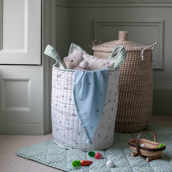 Large Quilted Reversible Storage Basket (Greenhouse Gingham / Little Farm)