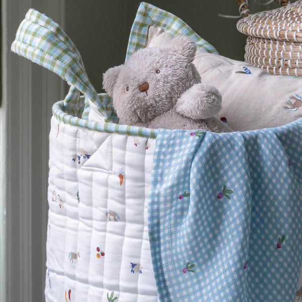 Large Quilted Reversible Storage Basket (Greenhouse Gingham / Little Farm)
