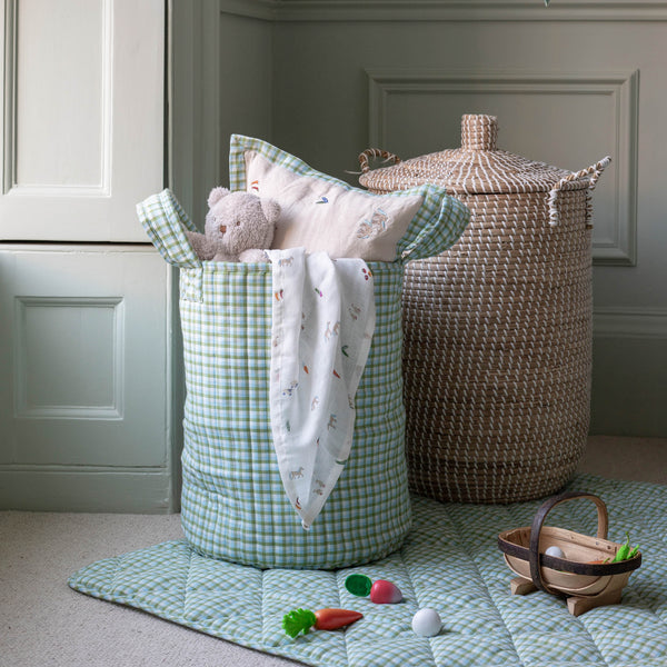 Large Quilted Reversible Storage Basket (Greenhouse Gingham / Little Farm)