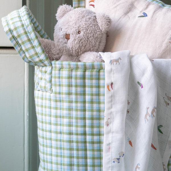Large Quilted Reversible Storage Basket (Greenhouse Gingham / Little Farm)