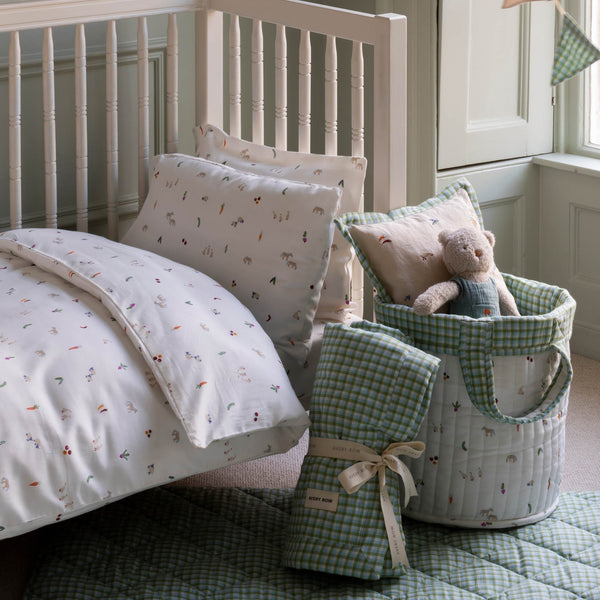Large Quilted Reversible Storage Basket (Greenhouse Gingham / Little Farm)