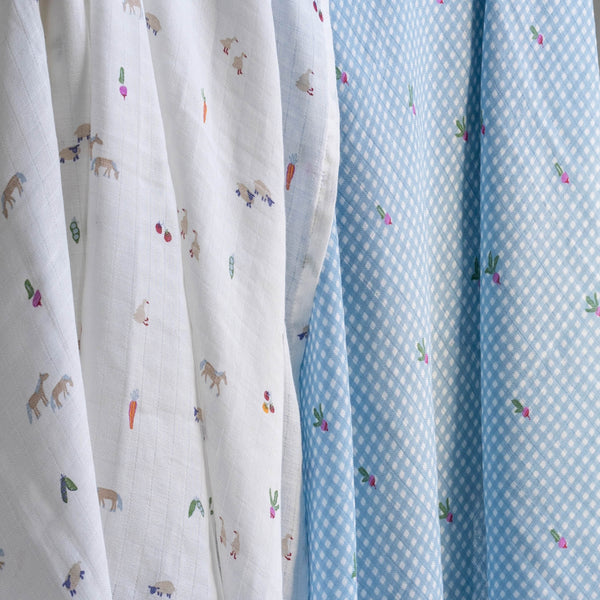 Organic Cotton Baby Muslin Swaddles Set of 2 (Little Farm/Radish)