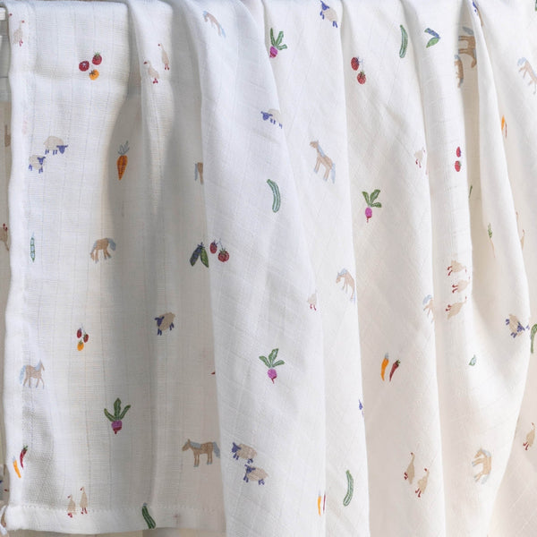 Organic Cotton Baby Muslin Swaddles Set of 2 (Little Farm/Radish)