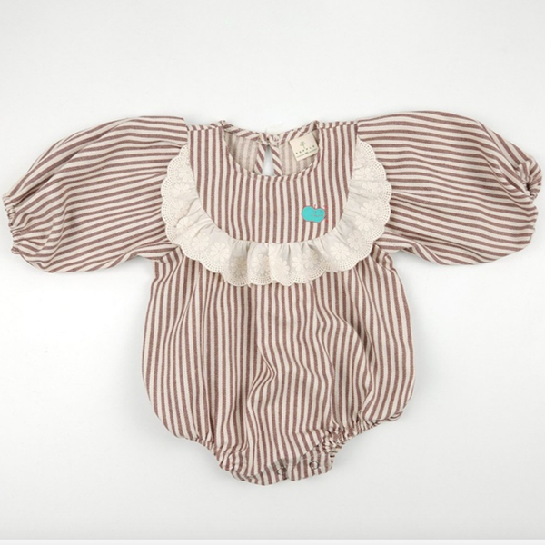 Apple Frilled Baby Romper Bodysuit (Mocha Stripe)