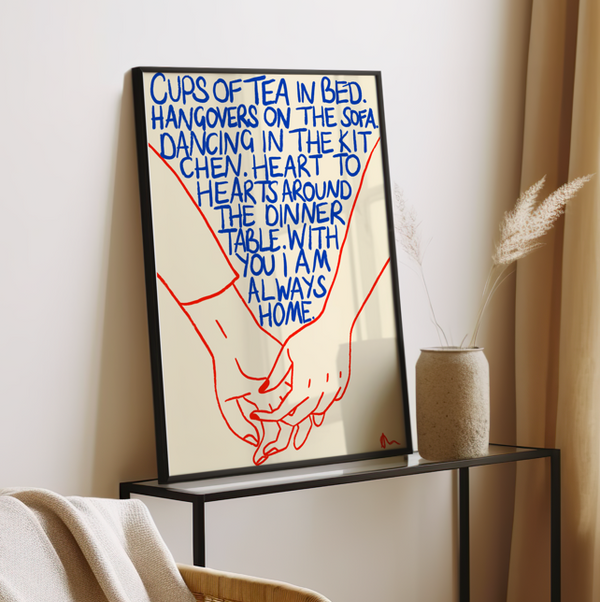 'Cups of Tea In Bed' Romantic Colourful Blue and Orange Art Print