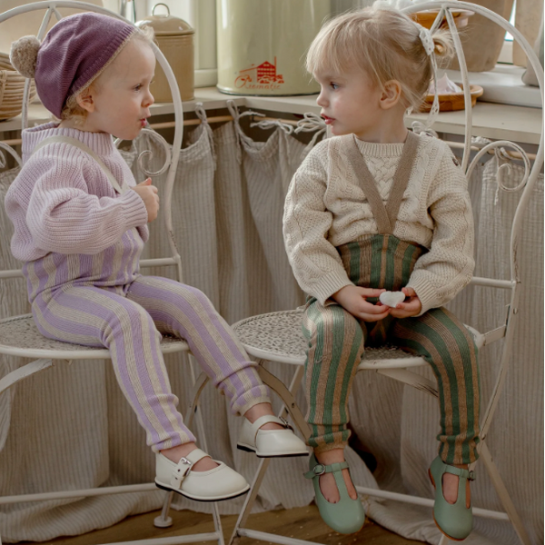 Silly Silas Footless Cotton Tights with Braces (Matcha + Peanut Striped)