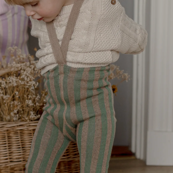 Silly Silas Footless Cotton Tights with Braces (Matcha + Peanut Striped)