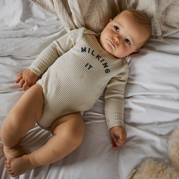 Milking It Cotton Rib Long Sleeve Baby Bodysuit (Oatmeal)