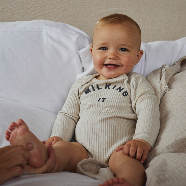 Milking It Cotton Rib Long Sleeve Baby Bodysuit (Oatmeal)