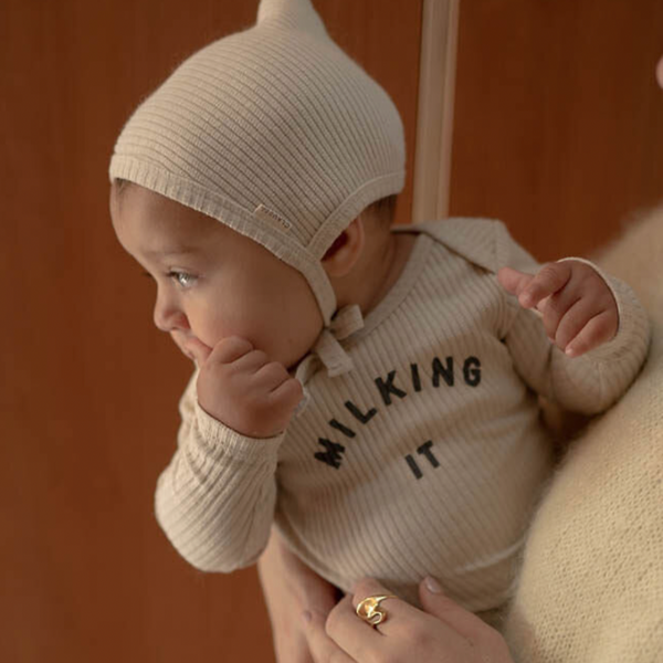 Milking It Cotton Rib Long Sleeve Baby Bodysuit (Oatmeal)