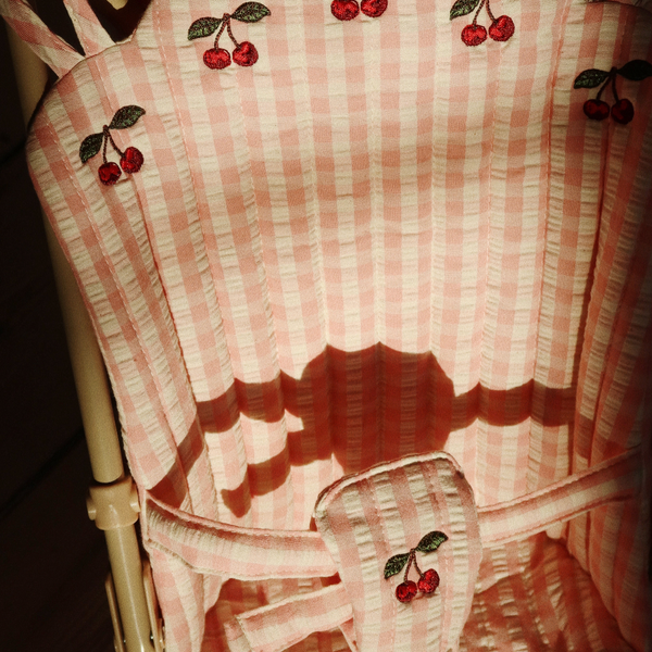 Cherry Embroidered Gingham Cotton Quilted Dolls Stroller (Powder Rose)