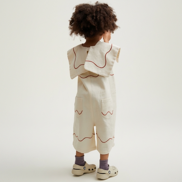 Cali Embroidered Sleeveless Vanilla Ripple Collared Overall