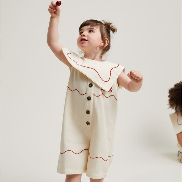 Cali Embroidered Sleeveless Vanilla Ripple Collared Overall