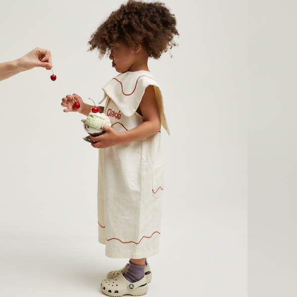 Cali Embroidered Sleeveless Vanilla Ripple Collared Overall