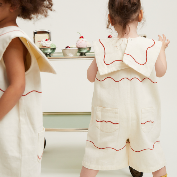 Cali Embroidered Sleeveless Vanilla Ripple Collared Overall
