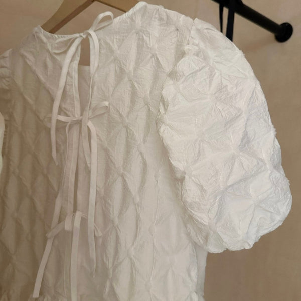 MAMA Cecyl Diamond Puff Sleeve Dress (Ivory)
