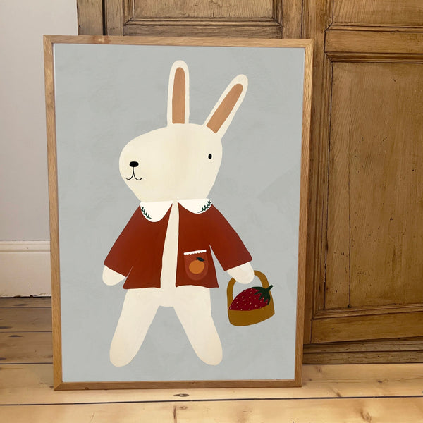 'Strawberry Rabbit' Hand Painted Art Print